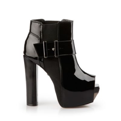 Buffalo Peep Toe Booties aus schwarzem Lackleder